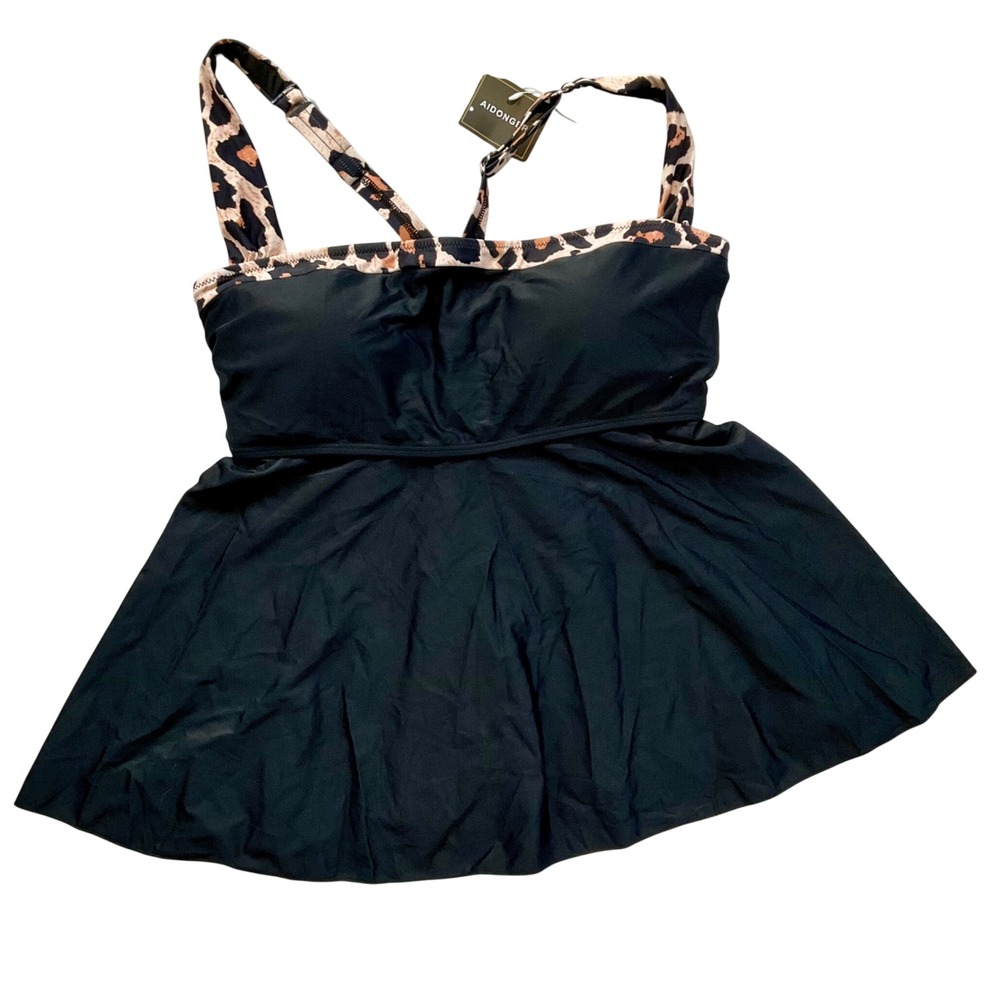 Aidonger Womens 2XL Black Leopard Print Tankini Swim Top Adjustable Straps NWT